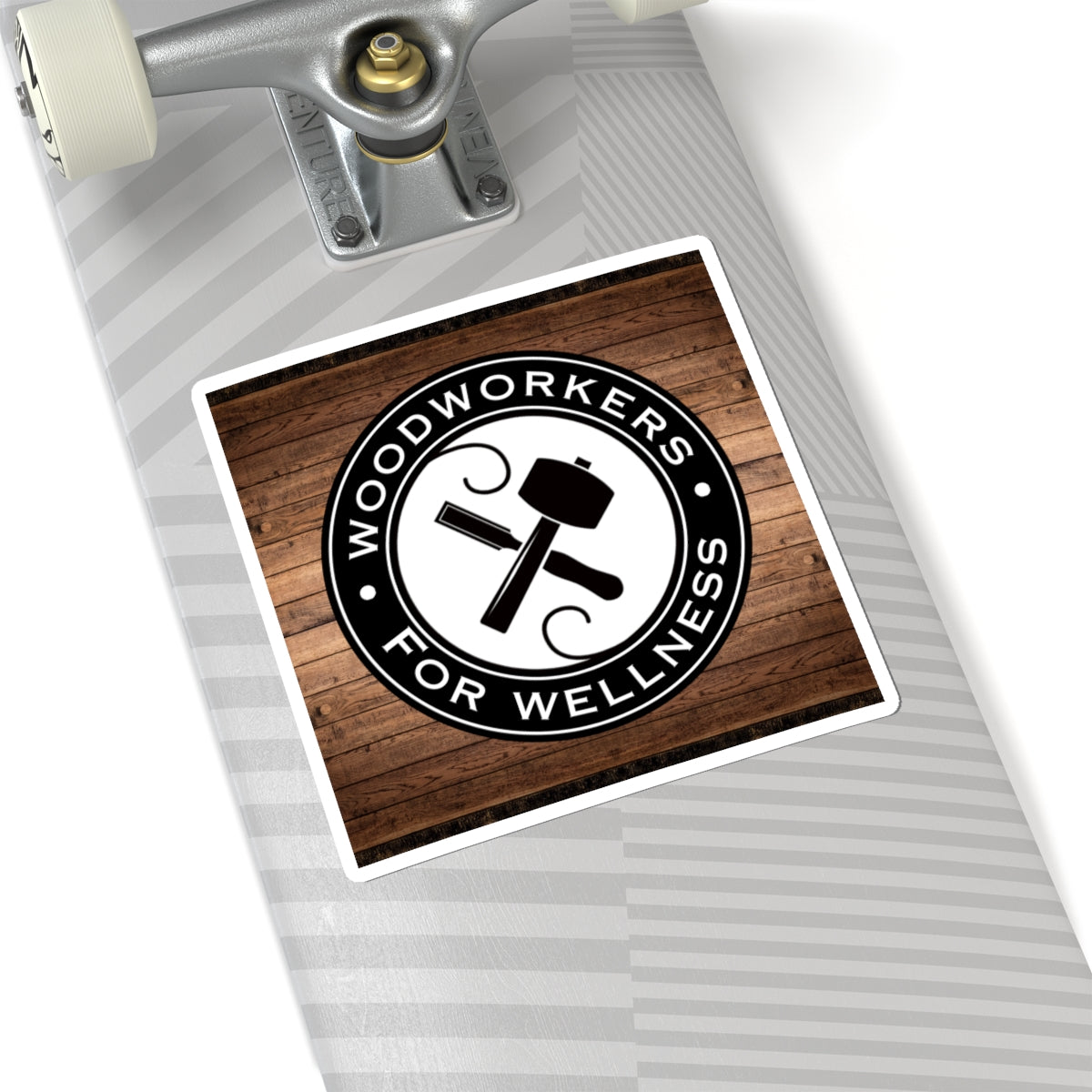 Woodworkers For Wellness Sticker. w/ Wood Background