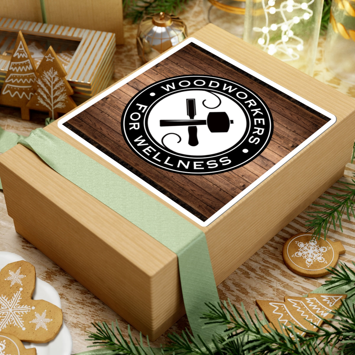 Woodworkers For Wellness Sticker. w/ Wood Background