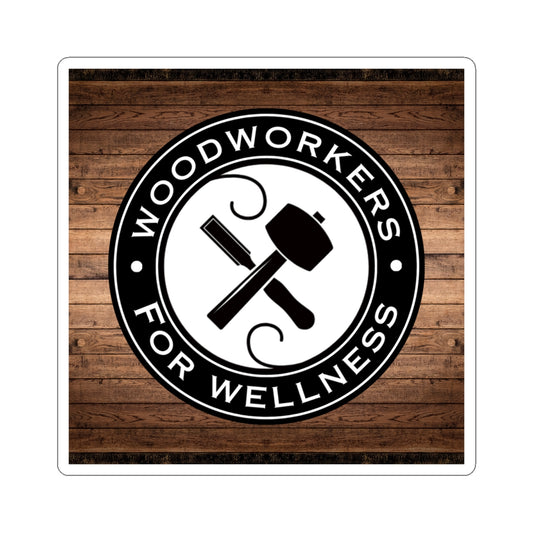 Woodworkers For Wellness Sticker. w/ Wood Background