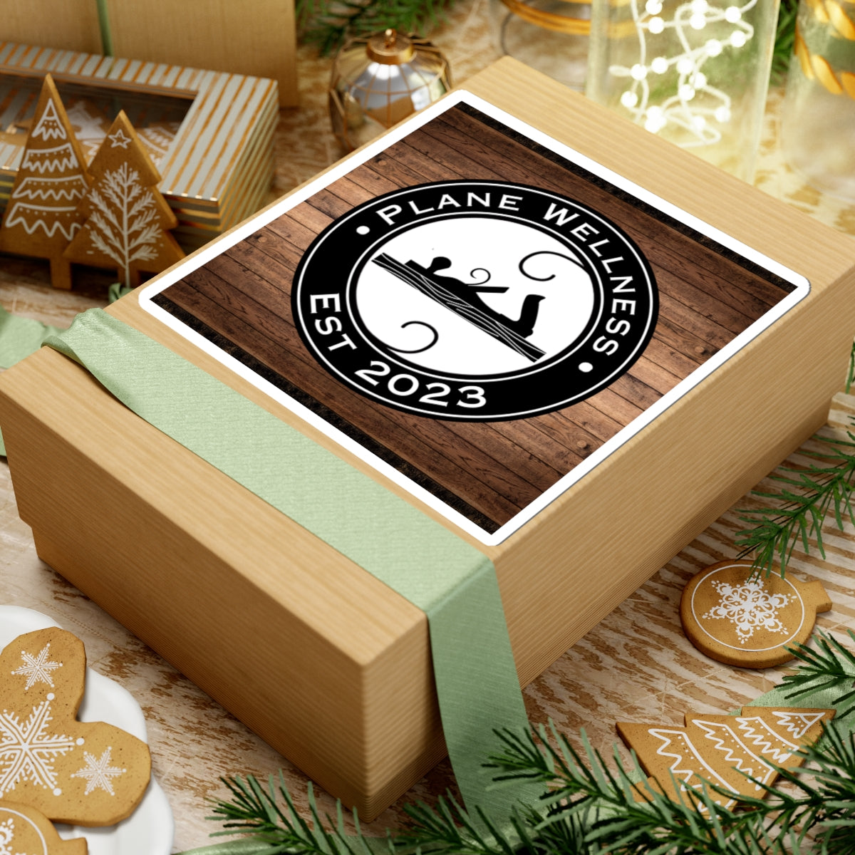 Plane Wellness Sticker w/ Wood Background