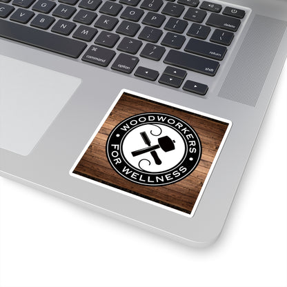 Woodworkers For Wellness Sticker. w/ Wood Background